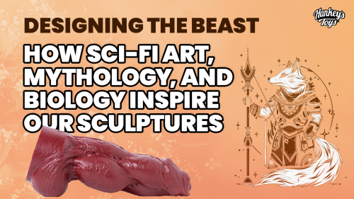 Promotional banner reading “Designing the Beast: How Sci-Fi Art, Mythology, and Biology Inspire Our Sculptures” with Hankey’s Toys logo, featuring a fantasy fox-like warrior illustration and a detailed red silicone sculpture inspired by sci-fi and mytholo