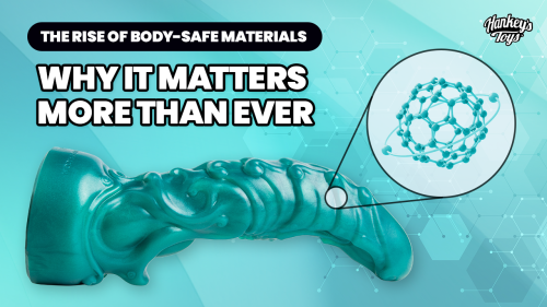 Hankey's Toys Blog-The Rise of Body-Safe Materials: Why it Matters More Than Ever teal background with a metallic green oni dildo laying on the side with a magnified portion