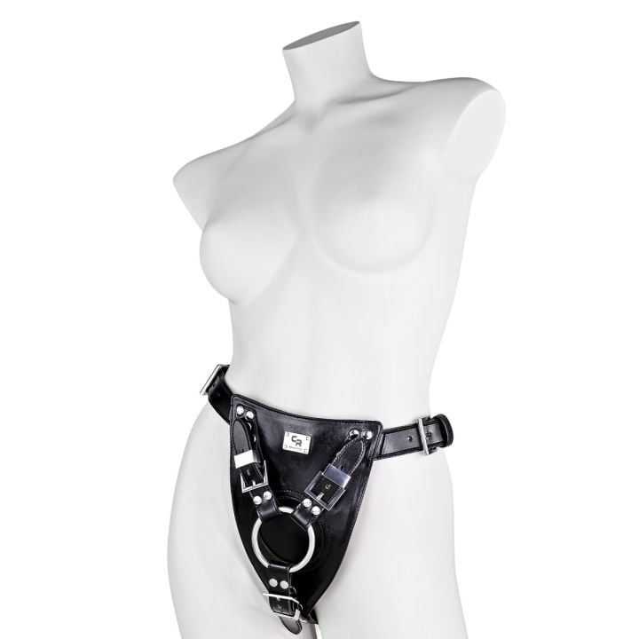 Medium ring setup on Carmen Rivera strap-on harness shown on mannequin, designed for mid-sized dildos and secure support.