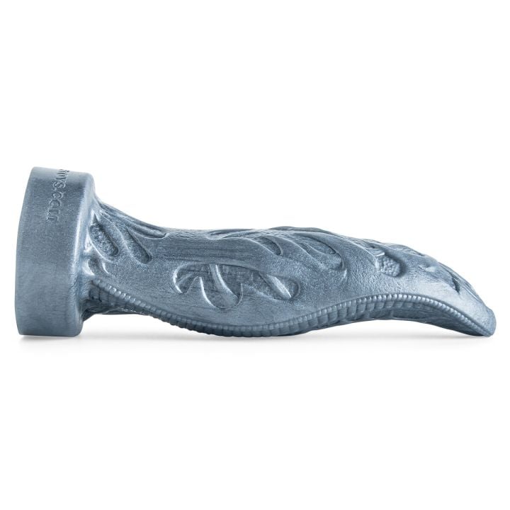 Cyberpunk dildo in Gunmetal Gray laying flat, showcasing sleek curved shape, cybernetic detailing, and sculpted futuristic design.