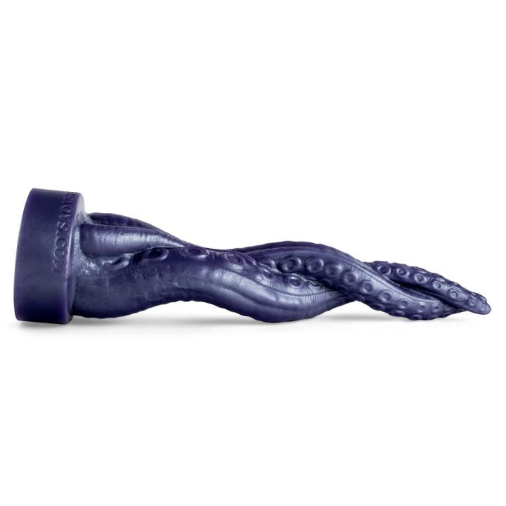 Side view of Davy’s Tendrils fantasy dildo showcasing its handcrafted tentacle design with spiral ridges and oceanic tones, ideal for immersive fantasy play.