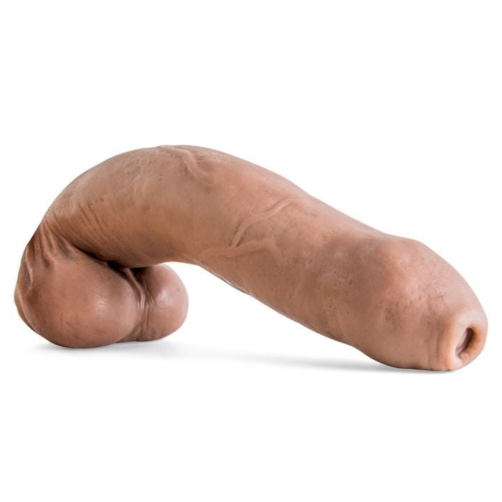 Angled shot of Firehose dildo showing its full length and impressive girth for experienced players seeking deep sensations.