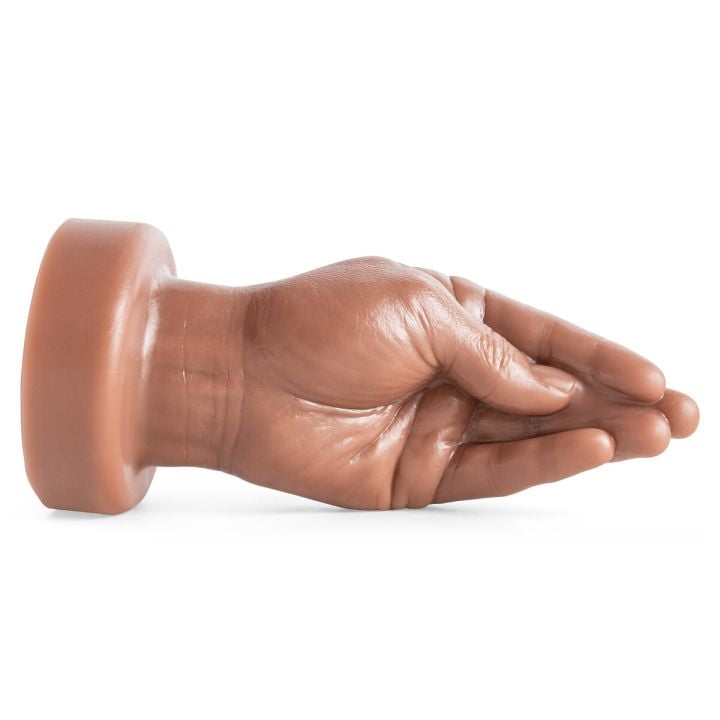 Handyman Butt Plug by Mr. Hankey’s Toys laying on its side, showing lifelike palm and thumb details in Natural Tan silicone, sculpted in silent duck hand position