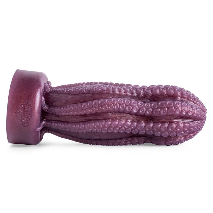 Side view of Hentai Dildo highlighting its curved tentacle shape and pronounced sucker ridges for enhanced pleasure.