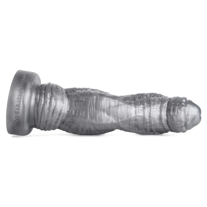 Horny Rhino fantasy dildo by Mr. Hankey’s Toys laying flat, front view showing primal head, sculpted ridges, and hand-poured silicone finish.