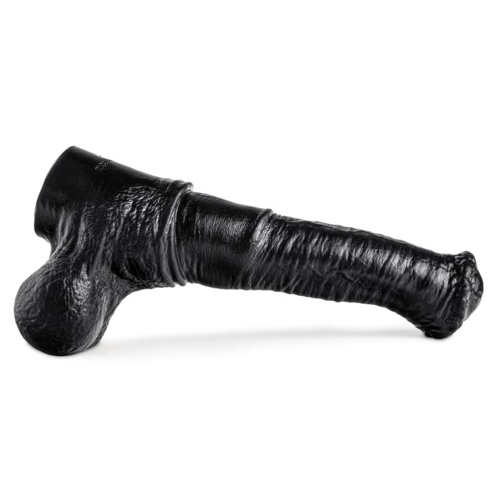 Horizontal view of Horse Dildo's girthy silhouette and smooth black finish, made from premium body-safe silicone.