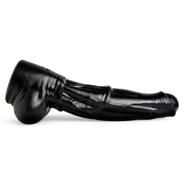 Horse Dildo II in Black, lying flat, emphasizing its dramatic curve and flared tip for deep, unforgettable penetration.