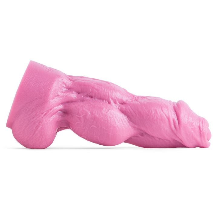 Side view of Kitsune’s Knot fantasy dildo in rosebud pink, showcasing detailed veining and a pronounced knot, representing mythical canine design.