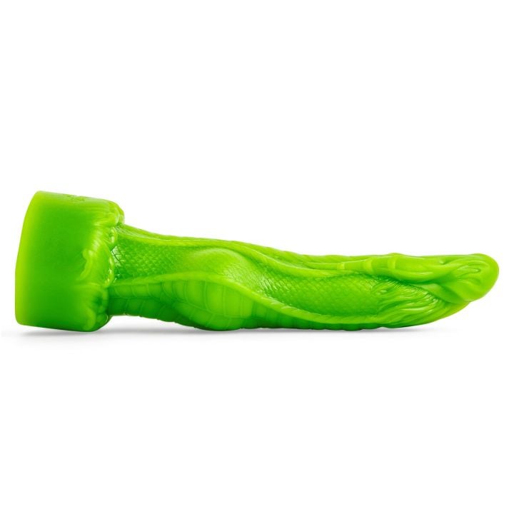 Knaughty Dragon Fantasy Dildo in slime green, featuring a sculpted knot and textured dragon-scale shaft for intense stretch play.