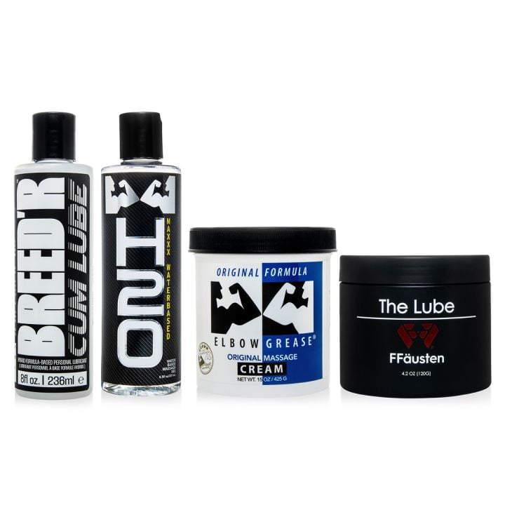 ll four premium lubricants by Mr. Hankey’s Toys displayed side by side—Breed’r Cum Lube, H2O Maxxx, FFausten, and Elbow Grease Original—designed for fisting, deep play, and toy compatibility.