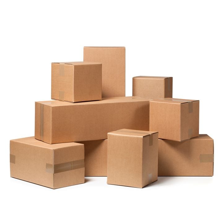 A stack of cardboard boxes on a white background.