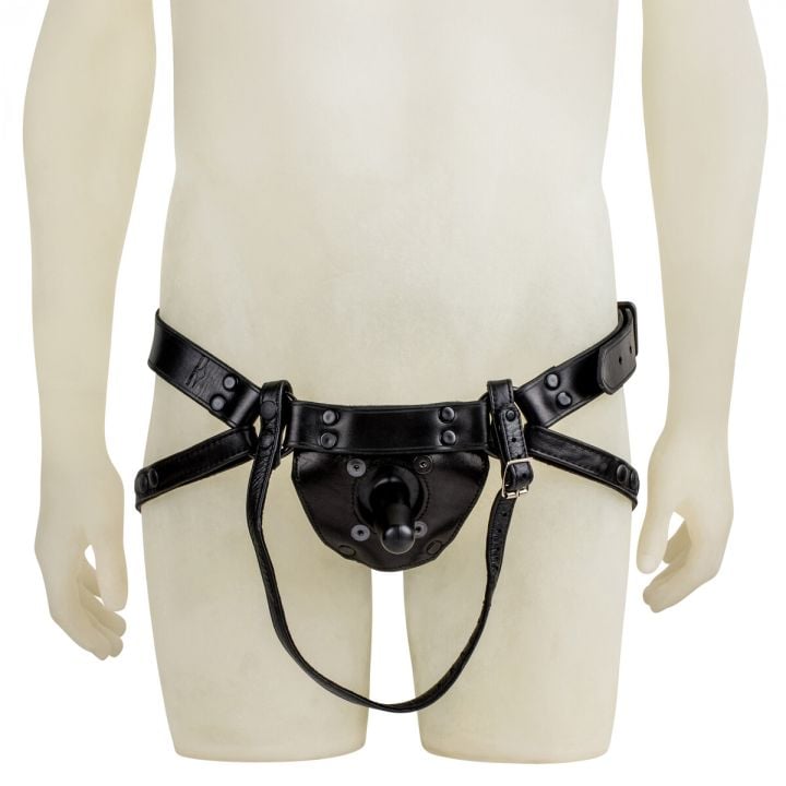 Mr S Leather Dildo Harness shown on mannequin, front view displaying premium leather straps, reinforced Vac-U-Lock base, and secure buckle system for strap-on stability.