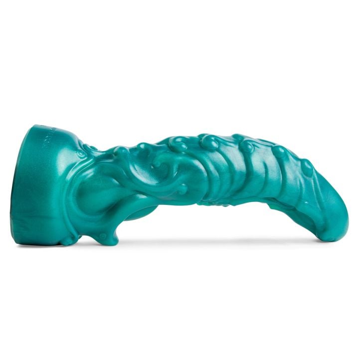 Oni silicone dildo by Mr. Hankey’s Toys laying flat, side profile showcasing bold curves, textured ridges, and veined fantasy-inspired design in Metallic Green