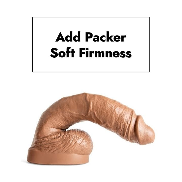 Image with text ‘Add Packer Soft Firmness’ above a flesh-tone realistic silicone packer displayed on a base.