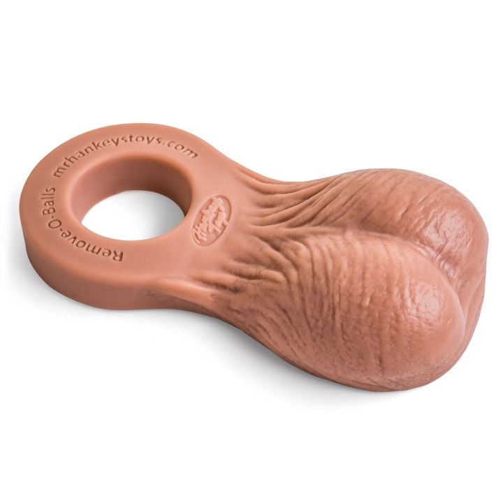 Remove-O-Balls by Mr. Hankey’s Toys in Natural Tan, showcasing realistic silicone testicles designed for lifelike slapping action during thrust play.