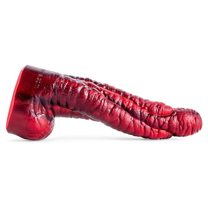 Mr. Hankey's Toys' blood red Sea Monster dildo placed horizontally on a white background with the side profile of the shaft and balls facing towards the viewer.