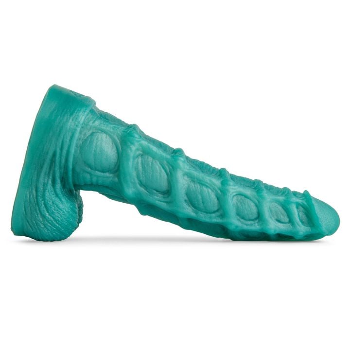 Side view of the Seahorse Fantasy Dildo in metallic green, showcasing its intricate ridges and textured shaft.