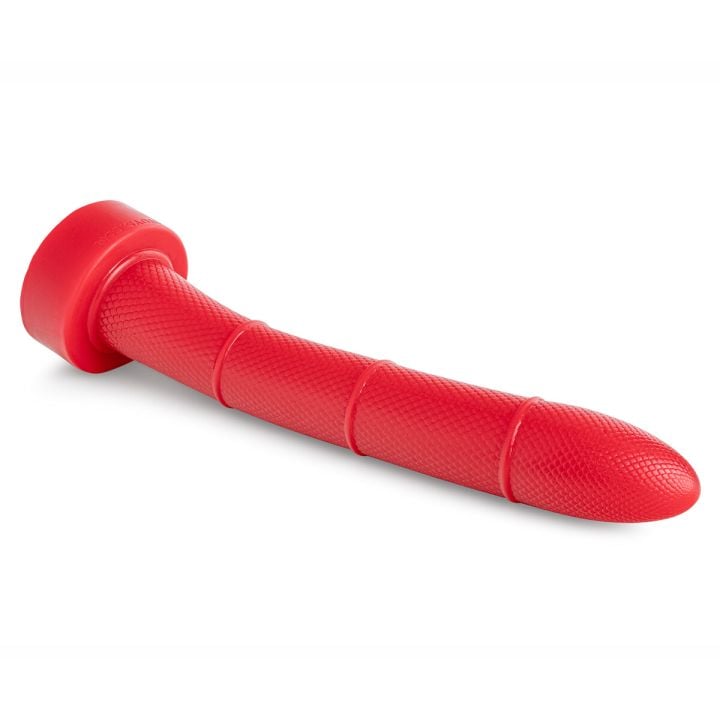 Serpentine Fantasy Dildo in vivid red platinum-cured silicone, showcasing coiled shaft and raised scale texture for deep reptilian stimulation.