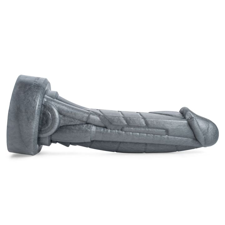 Side profile of the Sex Machine Cybernetic Dildo highlighting coiled shaft design and futuristic detailing for deep stimulation.