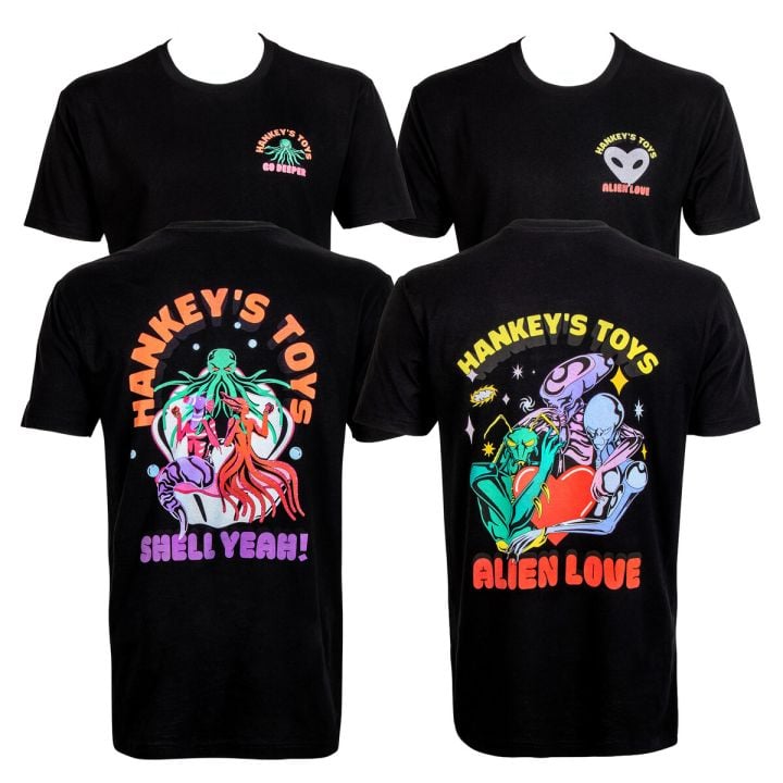 Front and back views of Hankey’s Toys limited edition T-shirts in Shell Yeah! and Alien Love designs, featuring bold fantasy and sci-fi artwork on soft cotton tees.