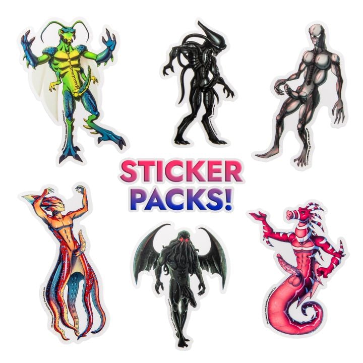 All six Hankey’s Toys limited edition fantasy stickers displayed flat, featuring designs from Shell Yeah! and Alien Love packs with vibrant artwork and bold adult novelty themes.