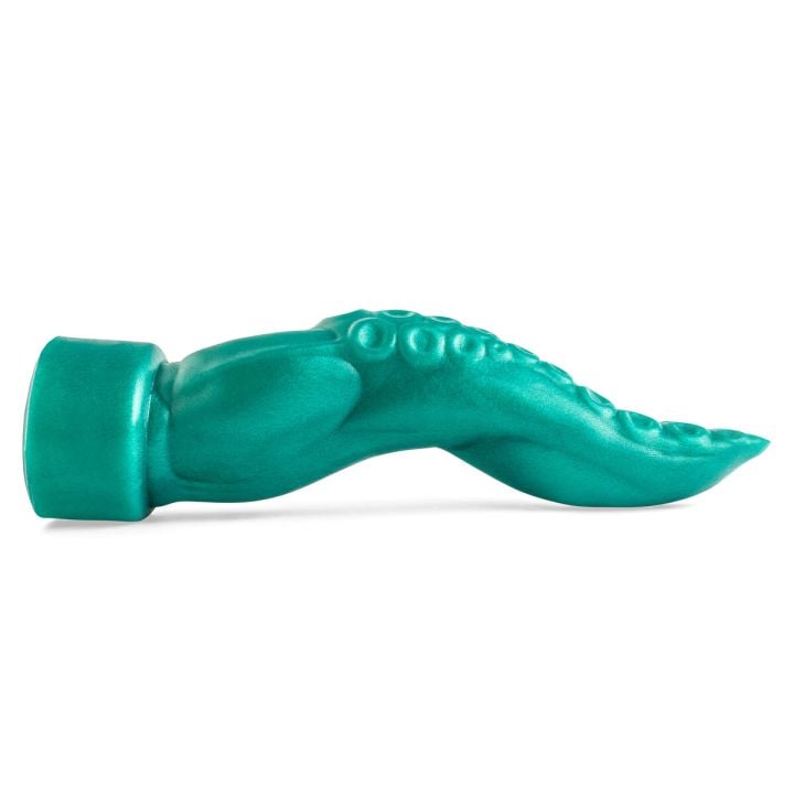 Close-up of the Taintacle Tentacle Dildo in metallic green, highlighting its lifelike sucker texture and S-curve design for fantasy-inspired play.