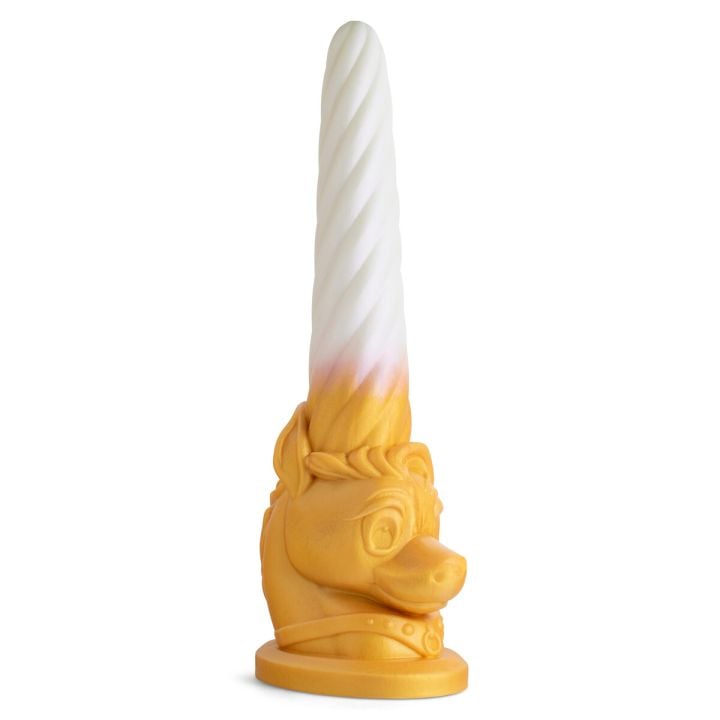 Close-up of the Unicorn Fantasy Dildo tip, showcasing the spiraled horn-inspired texture and handcrafted gold-white color blend.