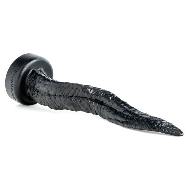 Side view of the Venomous Tongue dildo highlighting its deep ridges, curving silhouette, and snake-like body crafted for intense fantasy stimulation.