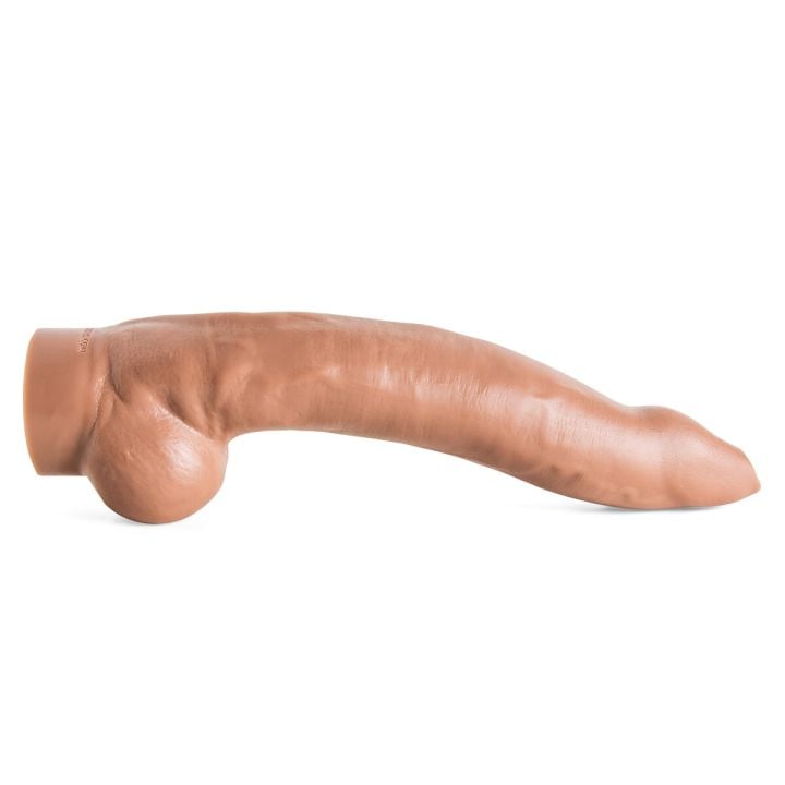 Side view of the XXXCalibur silicone dildo in Natural Tan, showcasing its sword-inspired pointed tip and lifelike vein texture for deep-stretch fantasy play.