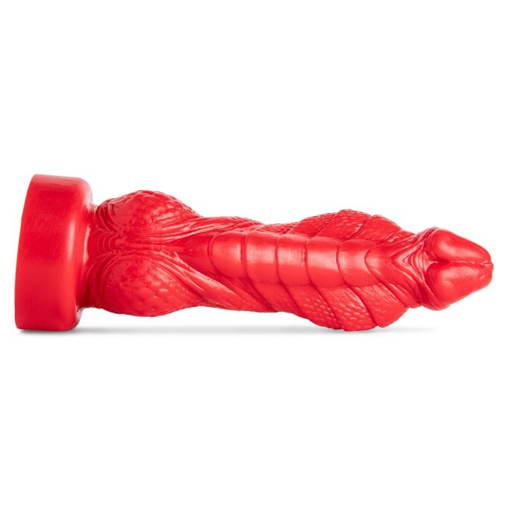 Kinky Cobra fantasy dildo by Mr. Hankey’s Toys laying flat, front view highlighting serpent-inspired head, sculpted scales, and curved silhouette in premium silicone.