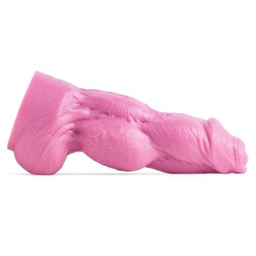 Side view of Kitsune&rsquo;s Knot fantasy dildo in rosebud pink, showcasing detailed veining and a pronounced knot, representing mythical canine design.