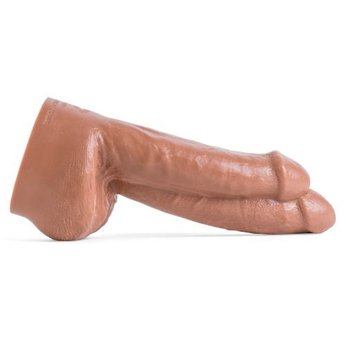 Side view of the KOATYSUM double dildo showing both realistic shafts molded from Koaty and Sumner Blayne, handcrafted in natural tan silicone.