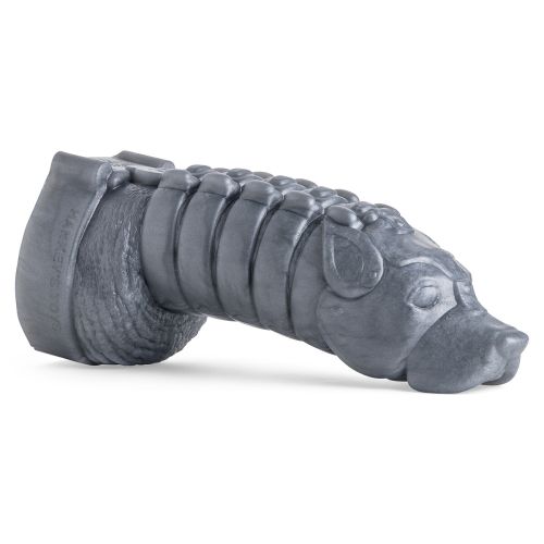 Close-up side view of the Teddy Bryce Chastity Cage Dildo in Gunmetal Gray, highlighting the detailed dog face design on the tip, crafted for immersive puppy play scenarios.