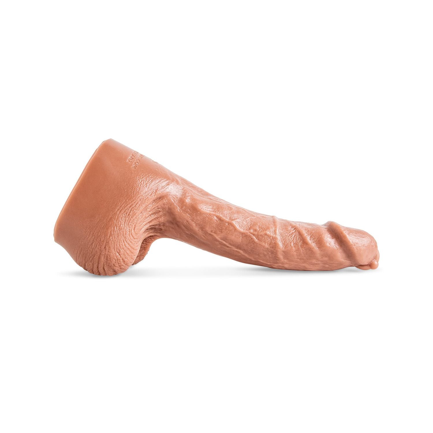 Drew Sebastian dildo by Mr. Hankey’s Toys laying flat, side view showing curved shaft, textured veins, and lifelike sculpt in Natural Tan silicone.
