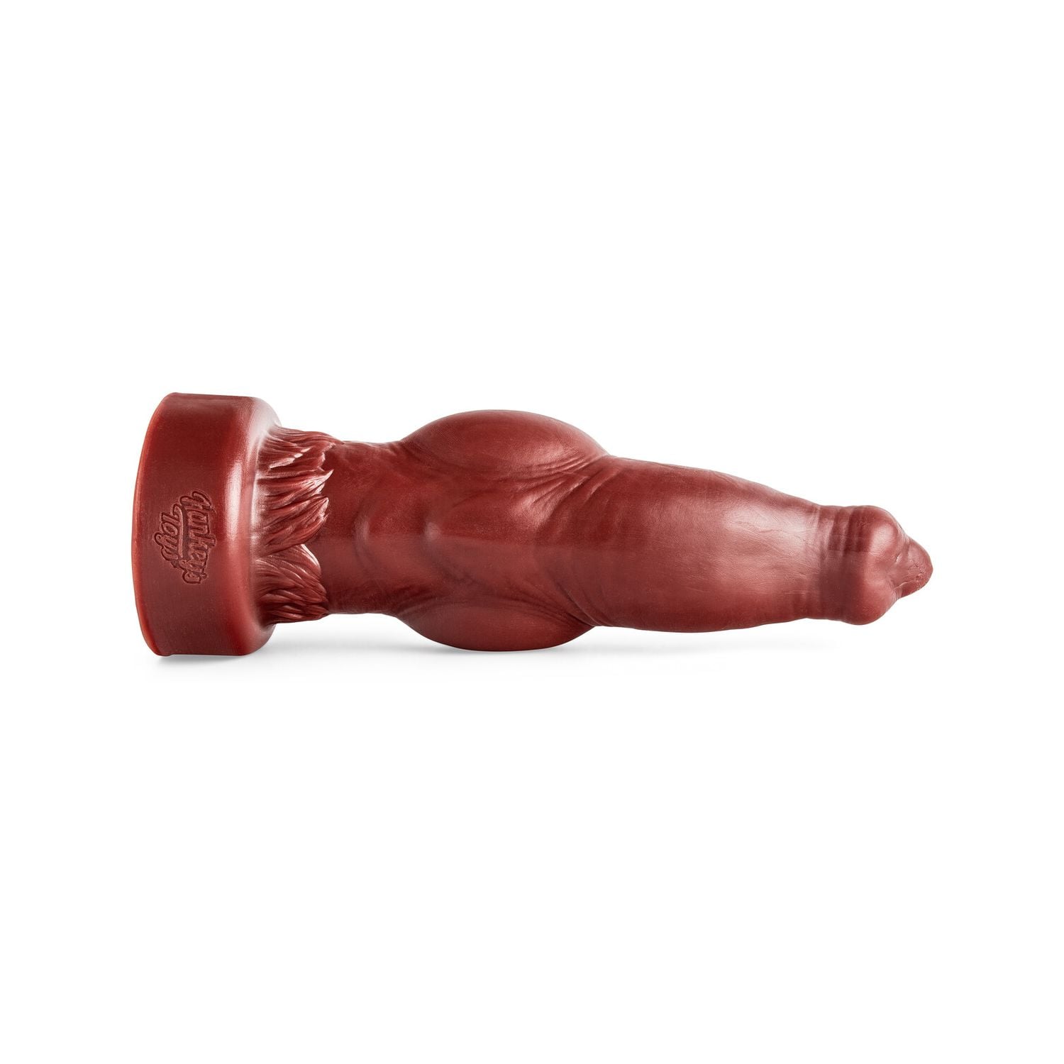 Side view of the Dog Dildo in Blood Red, showcasing its realistic canine-inspired shaft and detailed knot for authentic furry and pup kink play.