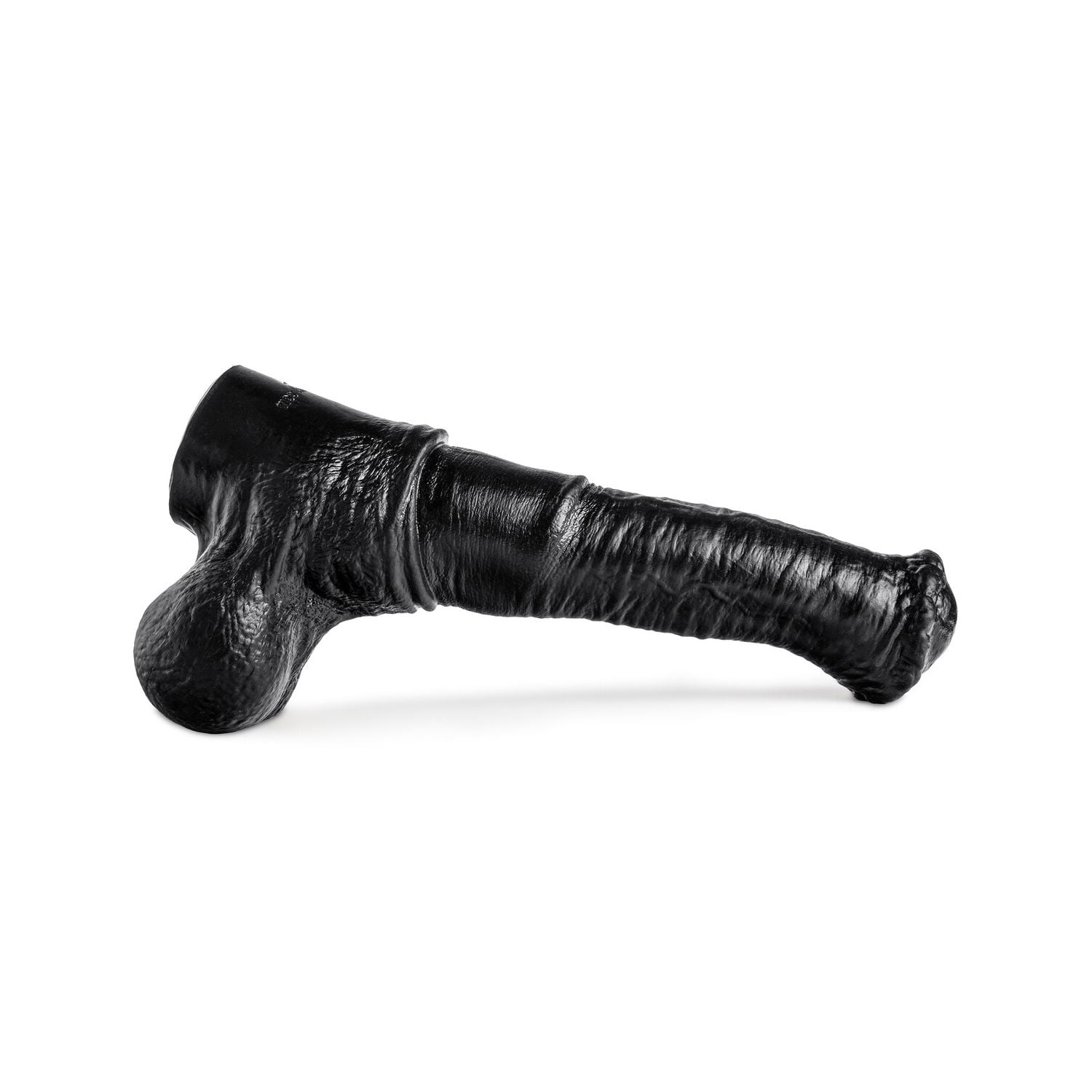 Horizontal view of Horse Dildo's girthy silhouette and smooth black finish, made from premium body-safe silicone.