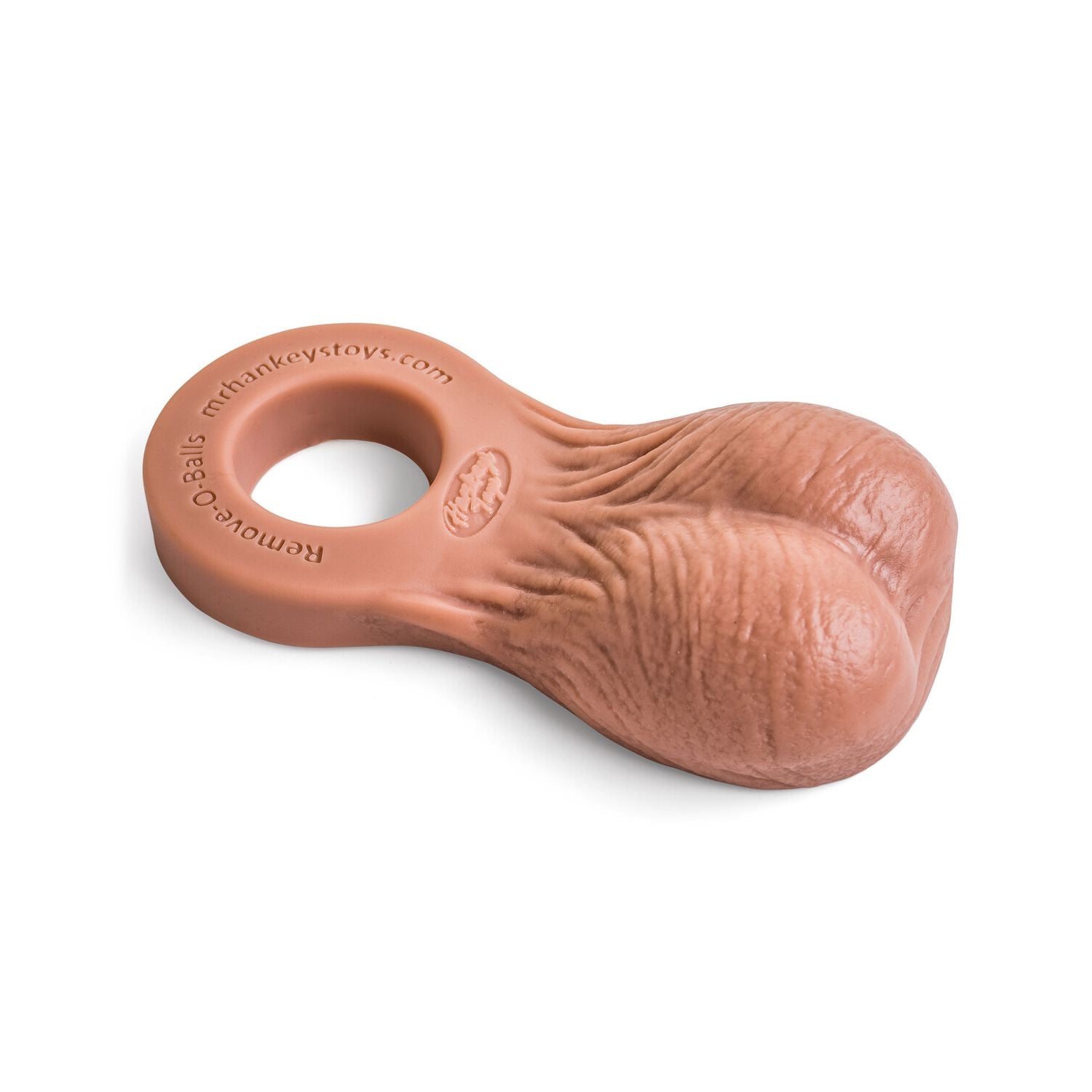 Remove-O-Balls by Mr. Hankey’s Toys in Natural Tan, showcasing realistic silicone testicles designed for lifelike slapping action during thrust play.