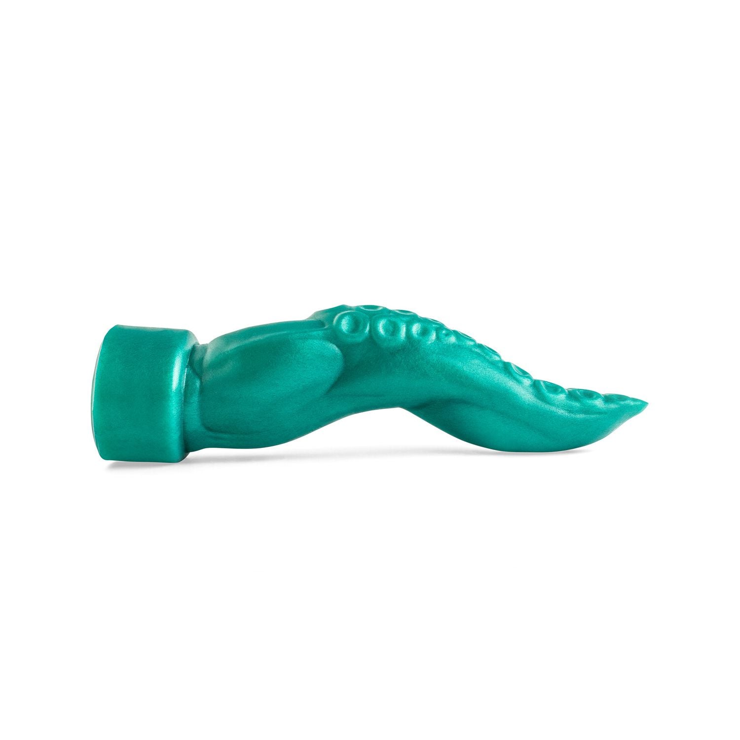 Close-up of the Taintacle Tentacle Dildo in metallic green, highlighting its lifelike sucker texture and S-curve design for fantasy-inspired play.