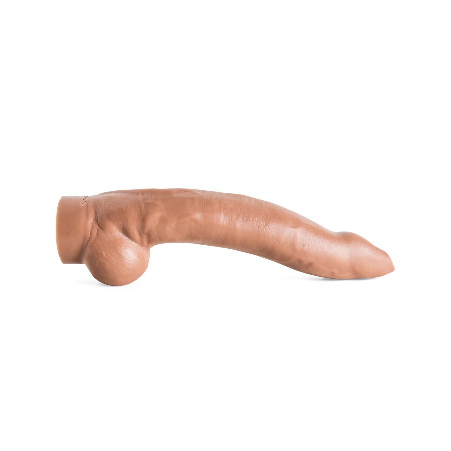 Side view of the XXXCalibur silicone dildo in Natural Tan, showcasing its sword-inspired pointed tip and lifelike vein texture for deep-stretch fantasy play.
