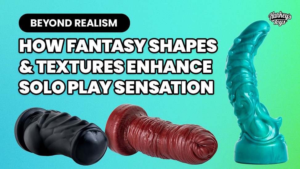 Mr. Hankey's Toys fantasy dildos in vibrant custom colors: metallic green Oni-inspired silicone toy with ridges, black Soltok texture dildo, and blood red Hungerff fantasy shape on turquoise background – explore beyond realism for enhanced solo play s