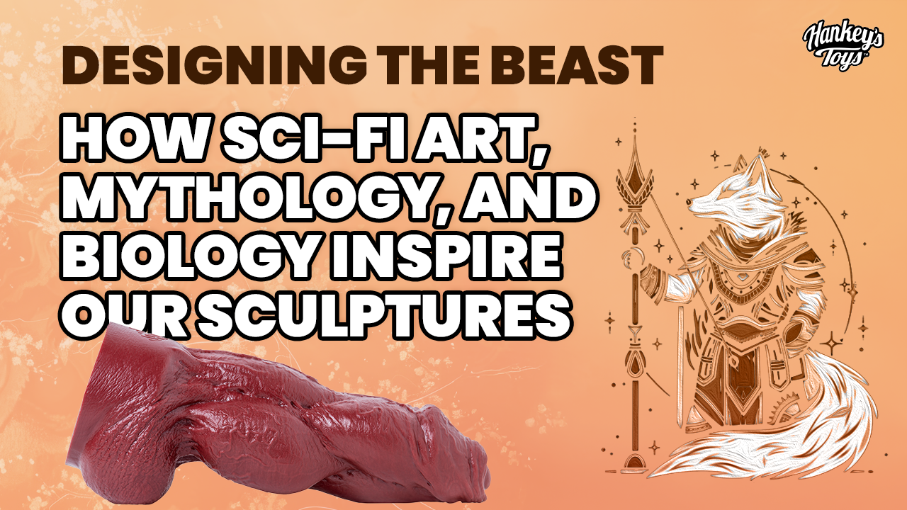 Promotional banner reading “Designing the Beast: How Sci-Fi Art, Mythology, and Biology Inspire Our Sculptures” with Hankey’s Toys logo, featuring a fantasy fox-like warrior illustration and a detailed red silicone sculpture inspired by sci-fi and mytholo