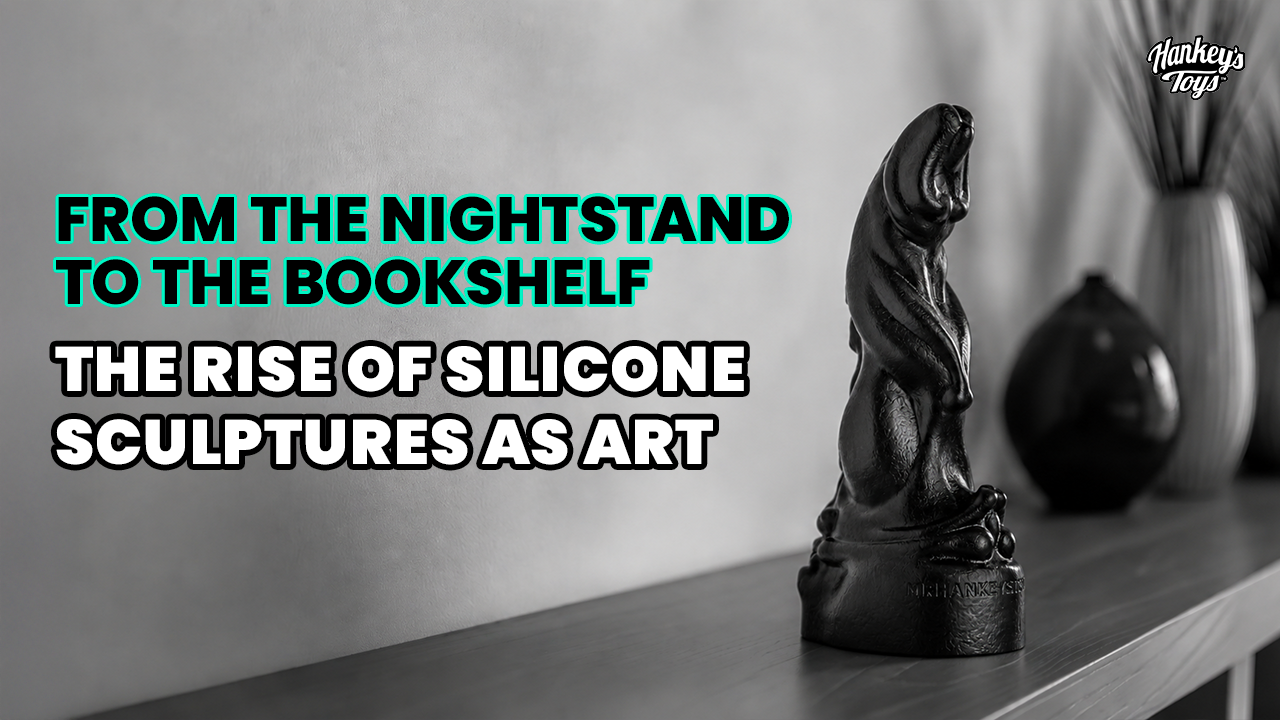A beautifully marbled, custom-poured octopus dildo by Mr. Hankey’s Toys, displayed proudly on a wooden bookshelf as a piece of vibrant, functional pop-art.