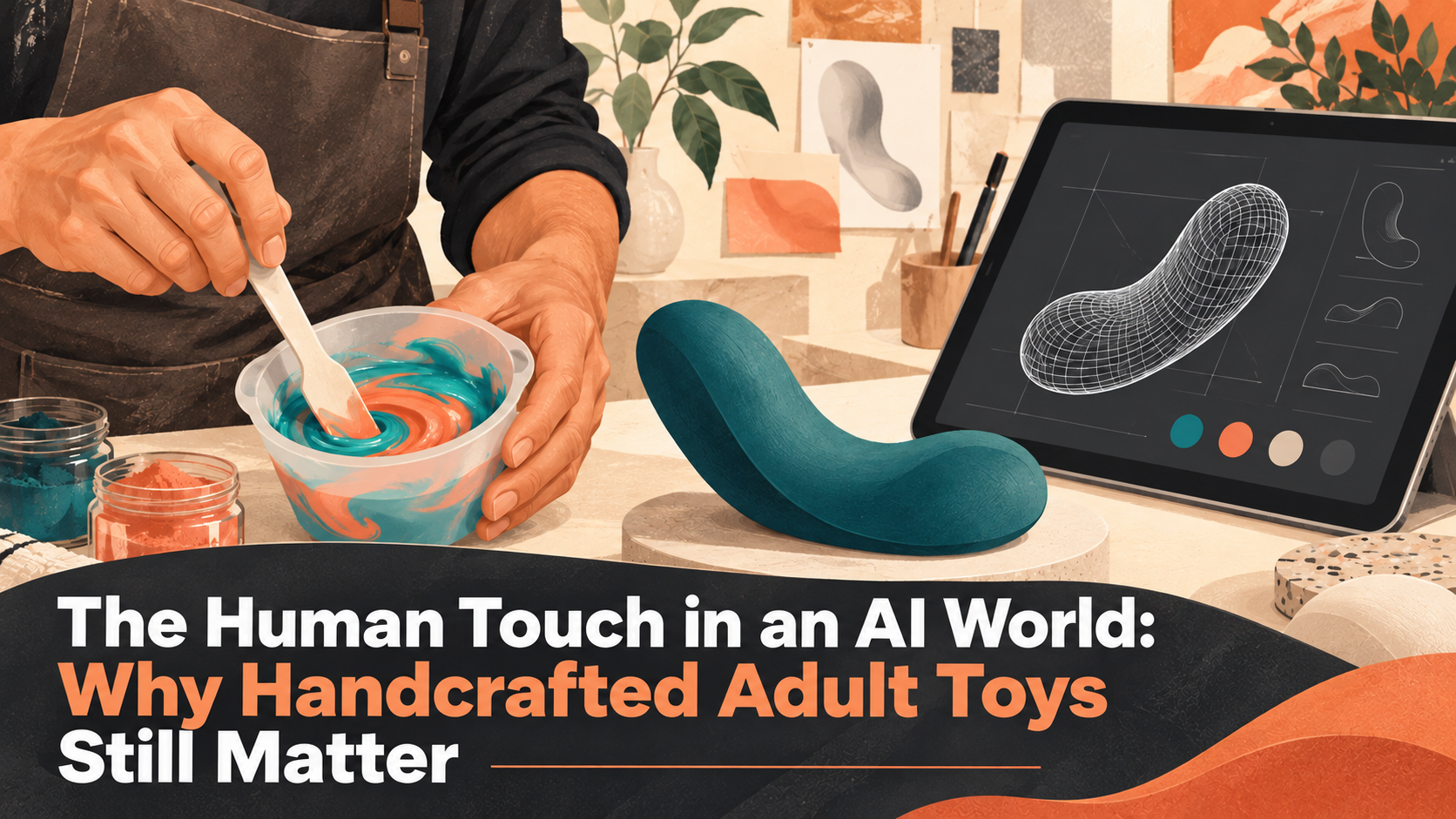 The Human Touch in an AI World: Why Handcrafted Adult Toys Still Matter. Illustration of pigment mixing beside a sculpture and digital wireframe.