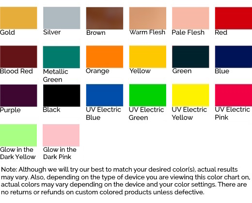 color chart featuring available colors for dildos in all sizes and firmness levels