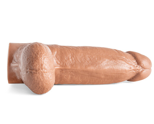 Axel dildo view of balls and underside of shaft on white background showcasing handcrafted realism and thick build, perfect for extreme roleplay and intense use.