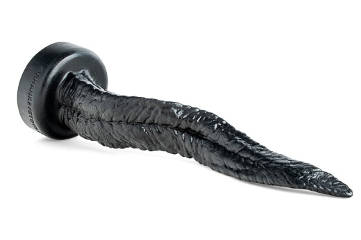 Side view of the Venomous Tongue dildo highlighting its deep ridges, curving silhouette, and snake-like body crafted for intense fantasy stimulation.