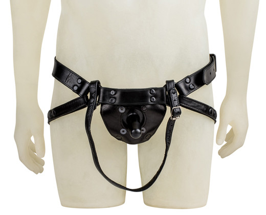 Mr S Leather Dildo Harness shown on mannequin, front view displaying premium leather straps, reinforced Vac-U-Lock base, and secure buckle system for strap-on stability.