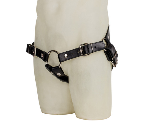 Mr S Leather Corey J Harness displayed on mannequin, front view showing adjustable leather straps, 3-inch metal O-ring, and reinforced hardware for secure strap-on play.