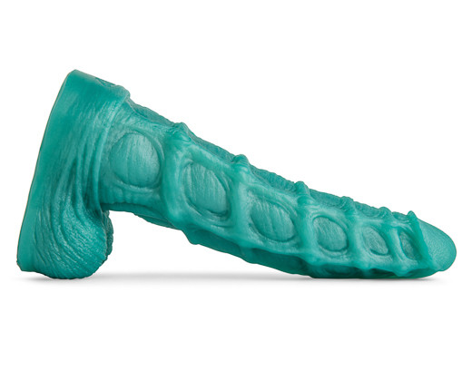 Side view of the Seahorse Fantasy Dildo in metallic green, showcasing its intricate ridges and textured shaft.