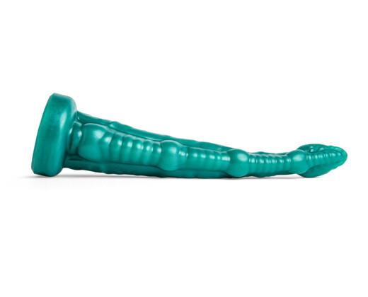 Sigmaloid fantasy dildo laying flat to present its overall shape, slim girth, and ergonomic curvature.